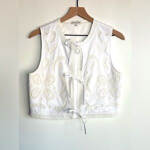Moon River Romantic Cottagecore White Eyelet Cropped Tie Front Vest Cotton L